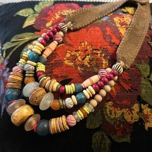 Twine & Twig 3 layer necklace with leather strap multicolored beads.